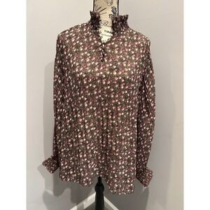 Cabi Womens Floral Print SheerMock Neck Long Sleeve Pleated Blouse Size M